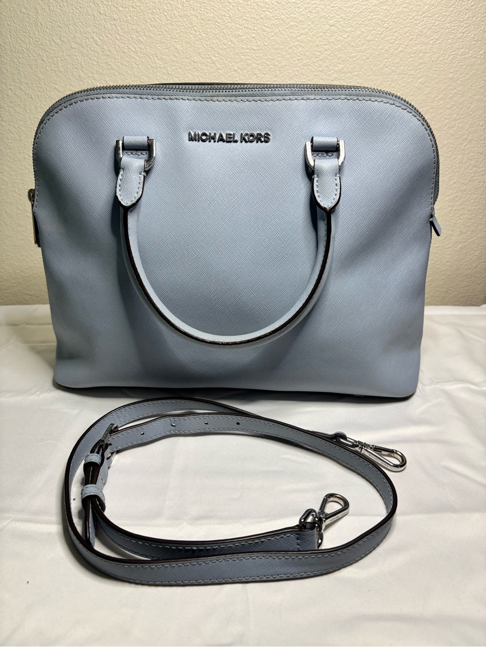 Michael Kors Powder Blue Saffiano Satchel with Detachable Strap